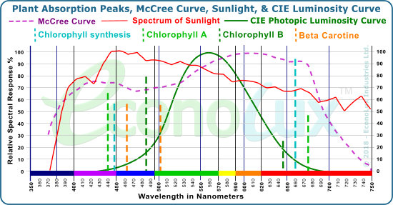Plant Absorption Peaks, McCree Curve, Sunlight, & CIE Luminosity Curve